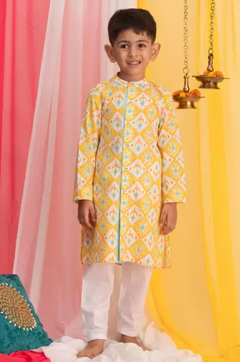 Boys' Yellow And White Kurta Pyjama Set