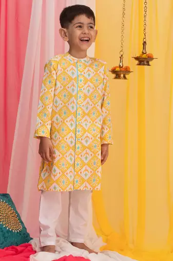  Yellow And White Kurta Pyjama Set