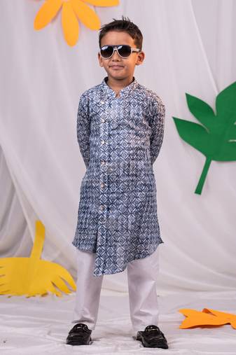 Boys' Blue And White Kurta Pyjama Set