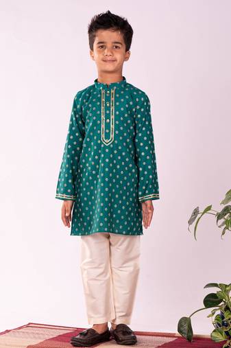 Boys' Green And Cream Kurta Pyjama Set