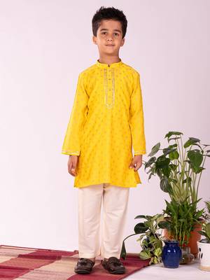 Yellow And Cream Kurta Pyjama Set 1