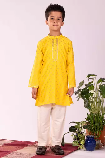 Boys' Yellow And Cream Kurta Pyjama Set