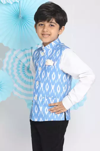  Aqua Blue Ikkat Nehru Jacket for boys