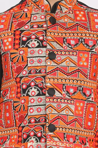  Orange And Black Nehru Jacket for boys