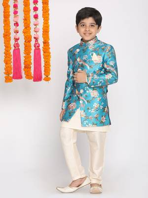Turquoise Viscose Indo Western Floral Printed Kids Suit 1