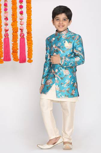 Turquoise Viscose Indo Western Floral Printed Kids Suit