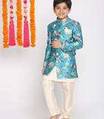 Turquoise Viscose Indo Western Floral Printed Kids Suit