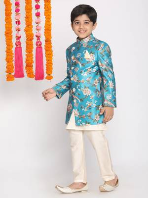 Turquoise Viscose Indo Western Floral Printed Kids Suit 2