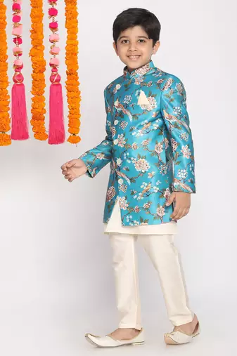 Turquoise Viscose Indo Western Floral Printed Kids Suit