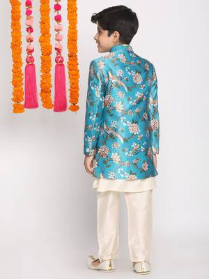Turquoise Viscose Indo Western Floral Printed Kids Suit 3