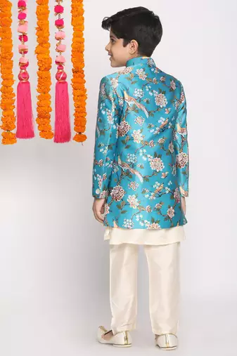 Turquoise Viscose Indo Western Floral Printed Kids Suit