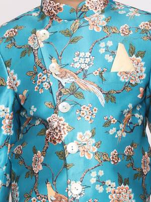 Turquoise Viscose Indo Western Floral Printed Kids Suit 4