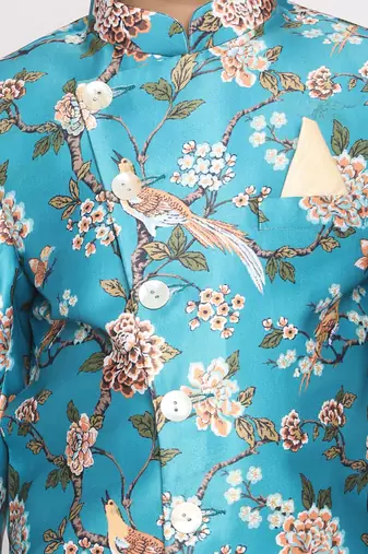 Turquoise Viscose Indo Western Floral Printed Kids Suit