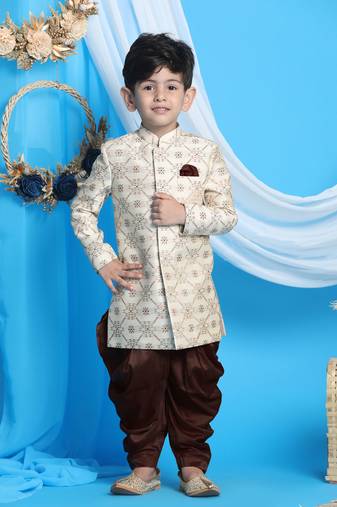 Boys' Beige And Gold Sherwani Set