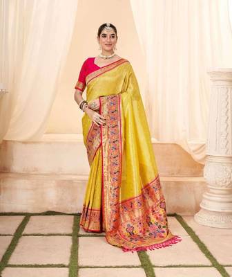 Kimisha women's yellow tissue silk blend paithani saree with unstitched blouse piece 1