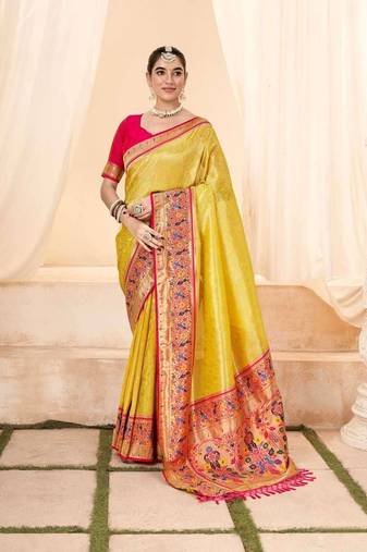Kimisha women's yellow tissue silk paithani saree with unstitched blouse piece