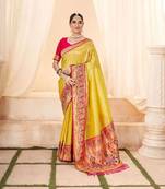 Kimisha women's yellow tissue silk paithani saree with unstitched blouse piece