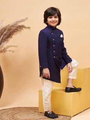  Boys' Cream And Blue Sherwani Set 1