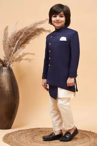  Boys' Cream And Blue Sherwani Set