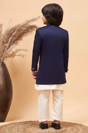  Boys' Cream And Blue Sherwani Set