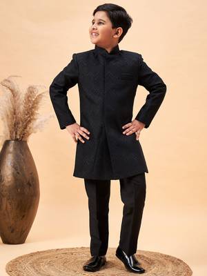  Silk Blend Woven Black Sherwani Set for  1