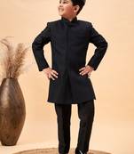  Silk Blend Woven Black Sherwani Set for 