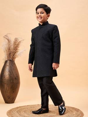  Silk Blend Woven Black Sherwani Set for  2