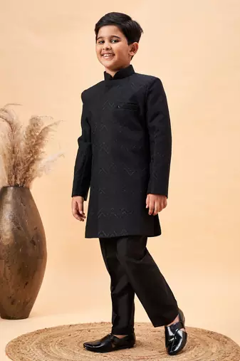  Silk Blend Woven Black Sherwani Set for 