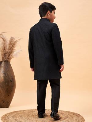  Silk Blend Woven Black Sherwani Set for  3