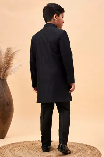  Silk Blend Woven Black Sherwani Set for 