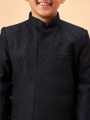  Silk Blend Woven Black Sherwani Set for  4
