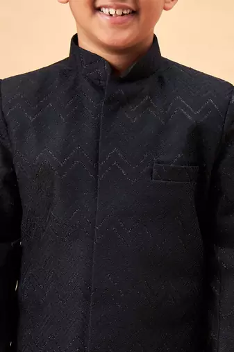  Silk Blend Woven Black Sherwani Set for 