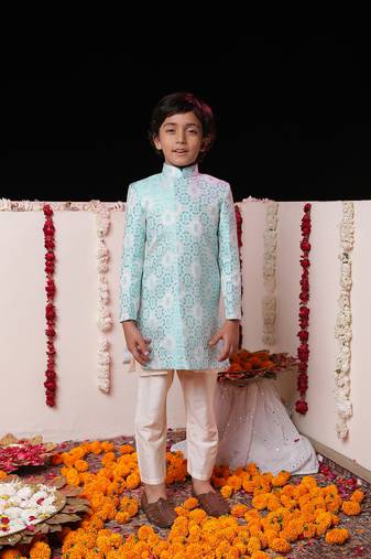 Boys' Blue And Cream Sherwani Set