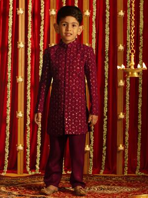 Maroon Sequin Embroidered Kids' Sherwani Set for  1
