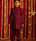 Maroon Sequin Embroidered Kids' Sherwani Set for 