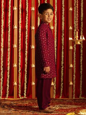 Maroon Sequin Embroidered Kids' Sherwani Set for  2