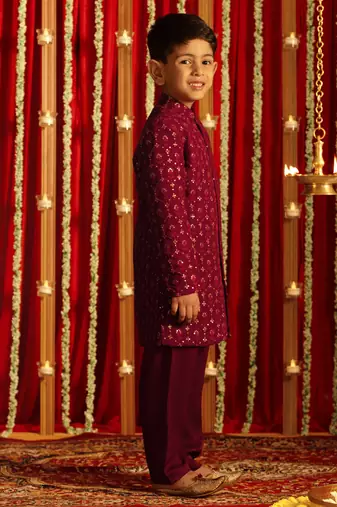 Maroon Sequin Embroidered Kids' Sherwani Set for 