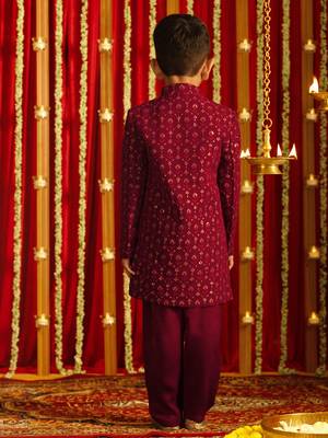 Maroon Sequin Embroidered Kids' Sherwani Set for  3