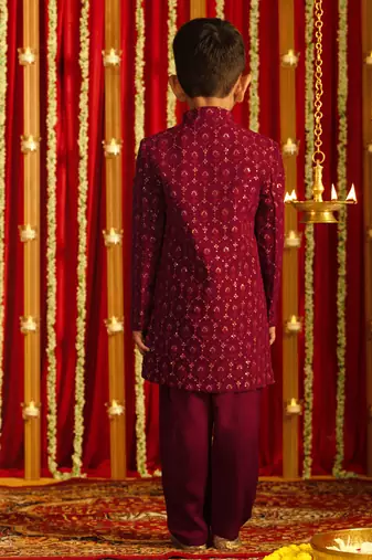 Maroon Sequin Embroidered Kids' Sherwani Set for 