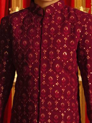 Maroon Sequin Embroidered Kids' Sherwani Set for  4