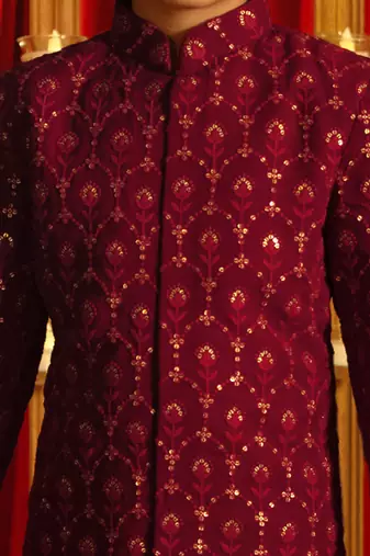 Maroon Sequin Embroidered Kids' Sherwani Set for 