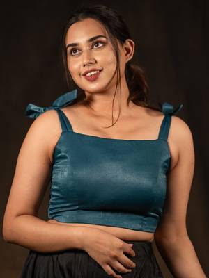 Blue Sleeveless Knot Crop Top Velvet Blouse - I Love Sarees 1