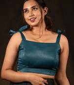 Blue Sleeveless Knot Crop Top Velvet Blouse - I Love Sarees