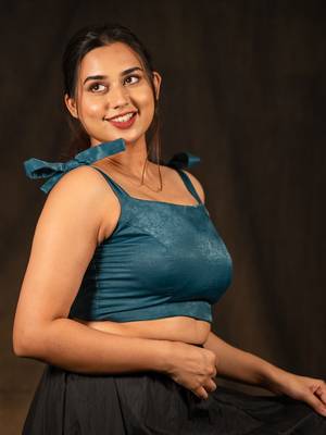 Blue Sleeveless Knot Crop Top Velvet Blouse - I Love Sarees 4