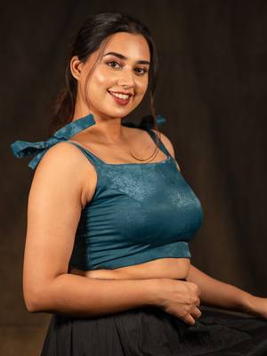 Blue Sleeveless Knot Crop Top Velvet Blouse - I Love Sarees 5