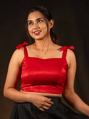 Red Sleeveless Knot Crop Top Velvet Blouse - I Love Sarees 1