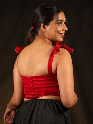 Red Sleeveless Knot Crop Top Velvet Blouse - I Love Sarees 5