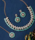 Rose gold plated crystal necklace with earrings and maang tikka for women
