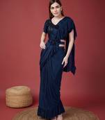 Amoha Trendz Lycra Pre-Drapped Ruffled Ready To Wear Saree With Stitched Blouse And Belt