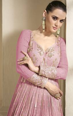 Pink Embroidered Georgette Semi-Anarkali with Dupatta 3